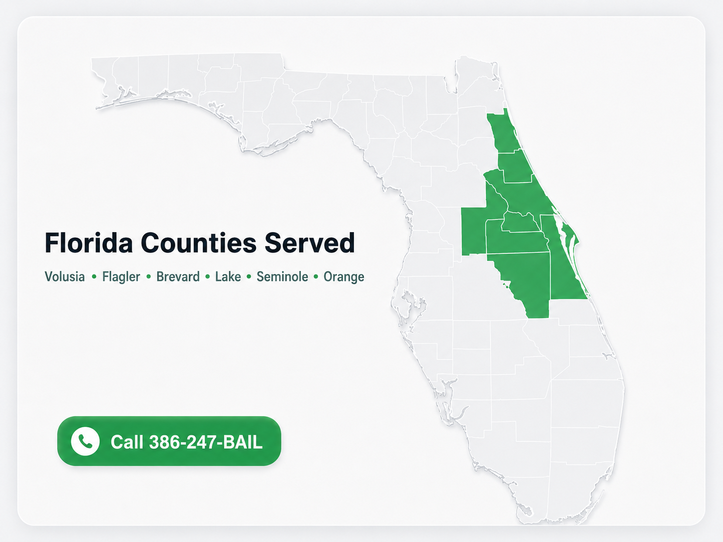 Florida counties served by The Daytona Bondsman with Volusia, Flagler, Brevard, Lake, Seminole, and Orange counties highlighted